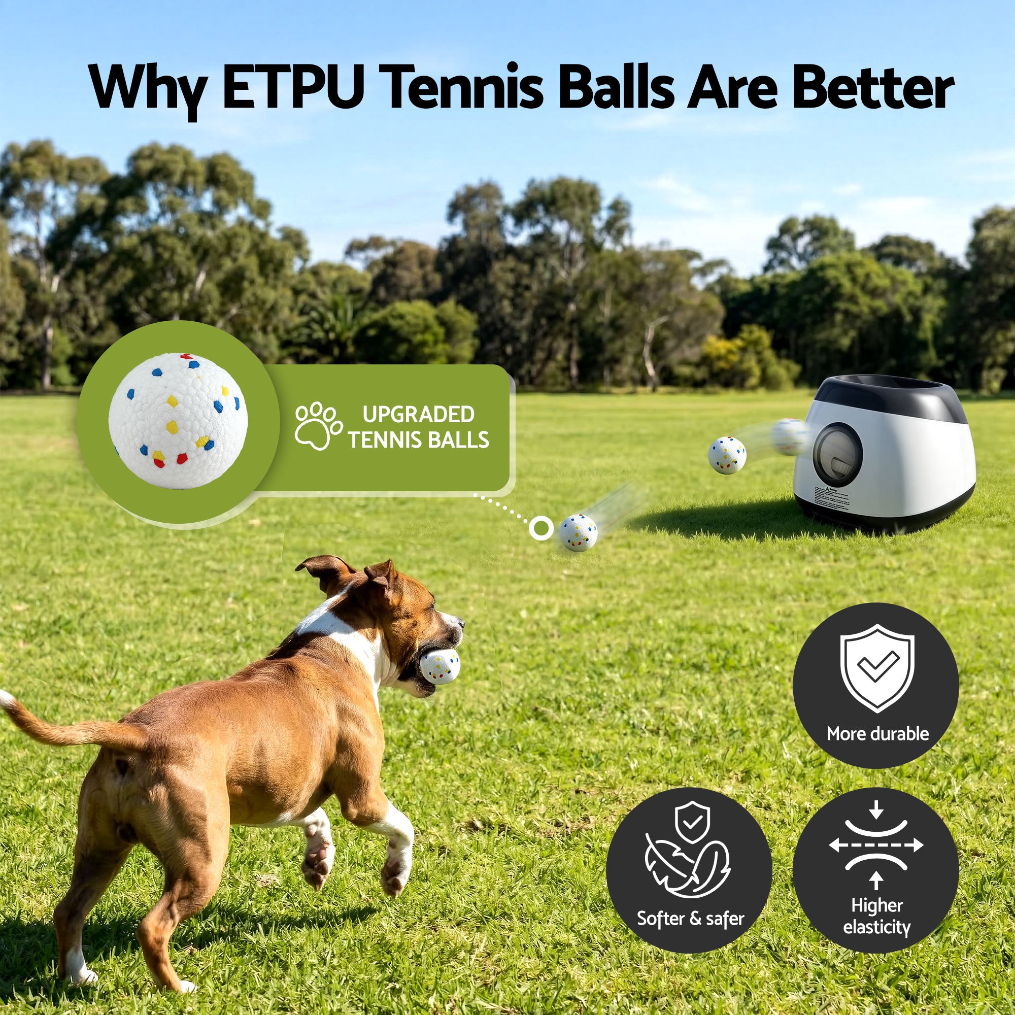 i.Pet Dog Ball Launcher Thrower with 6 ETPU Balls & 14/18/22m Launch Distance Black