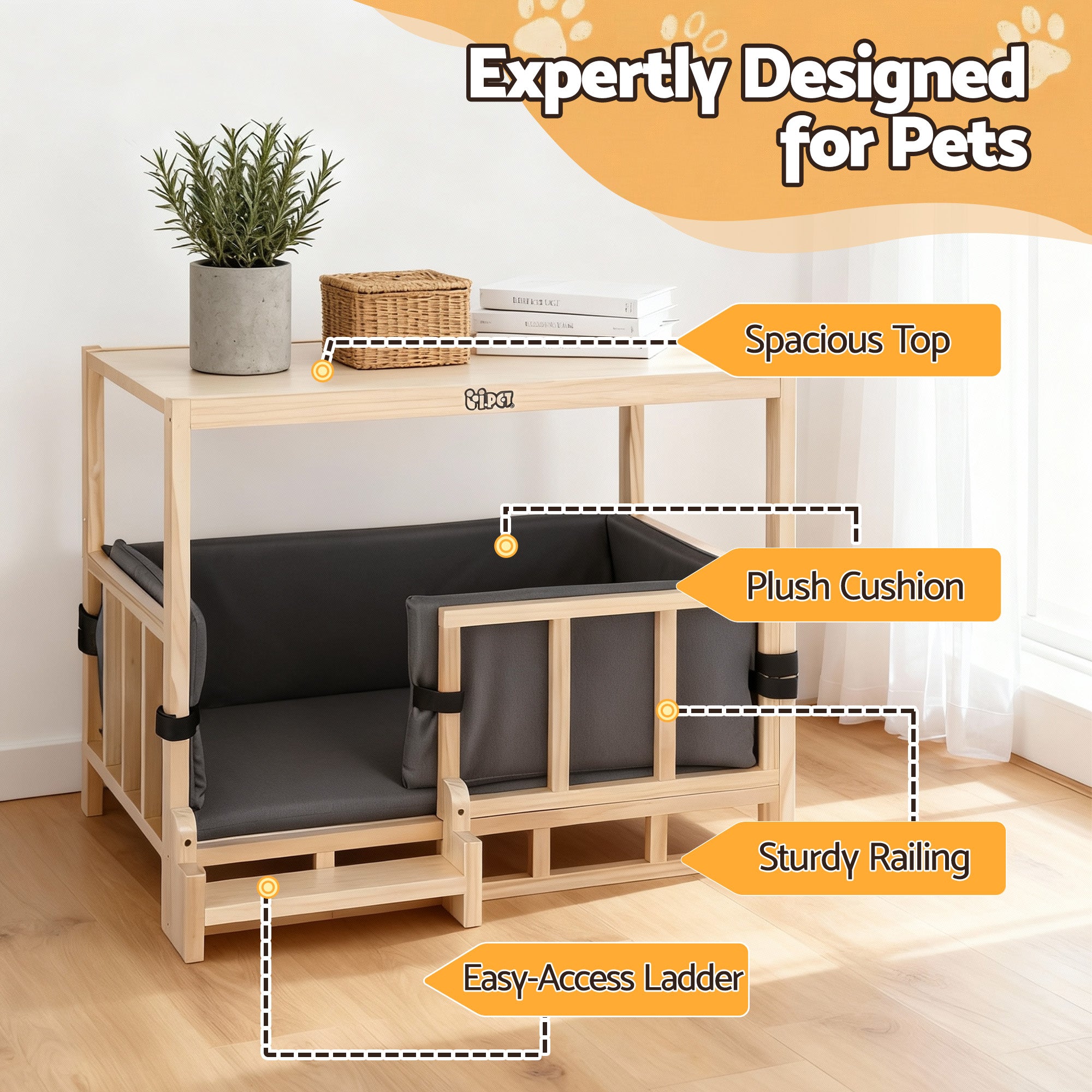 i.Pet 2in1 Dog Kennel Crate Furniture Grey Bedding Wooden House Indoor