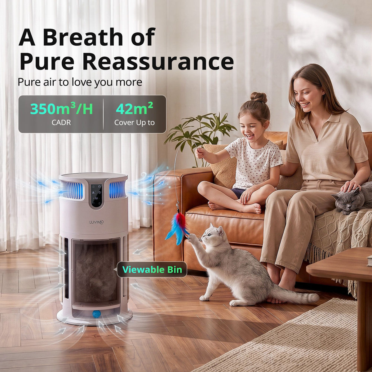 LUVIMO Pet Air Purifier H13 HEPA Smart Air Cleaner CADR 350 w/ Cat Toys for Home