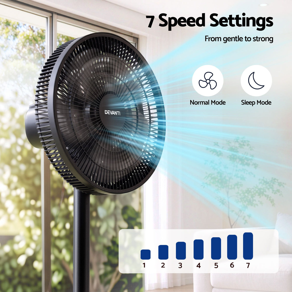 Devanti Pedestal Fan with Remote, 7 Speeds 3 Heights DC Motor, Black