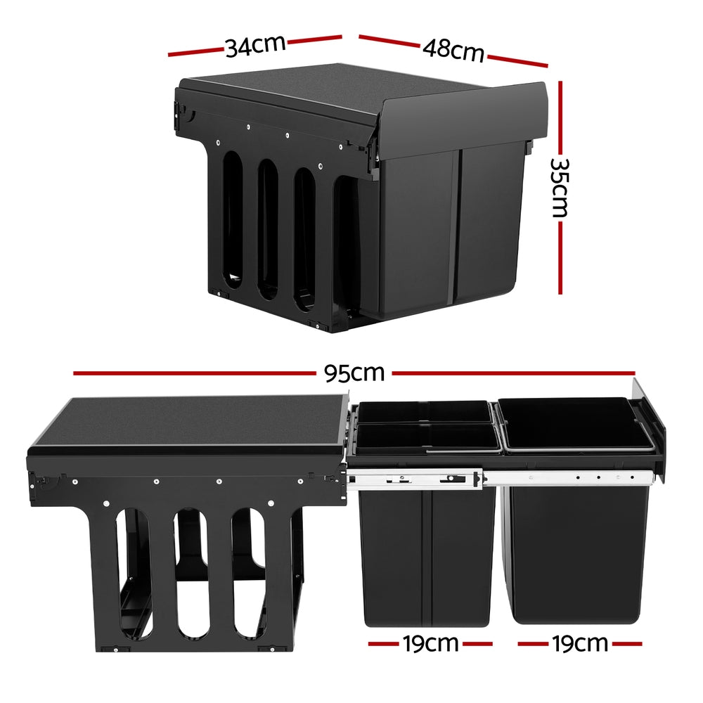 Cefito Pull Out Bin Kitchen Triple Slide Garbage Rubbish Bins Basket Blcak 31L