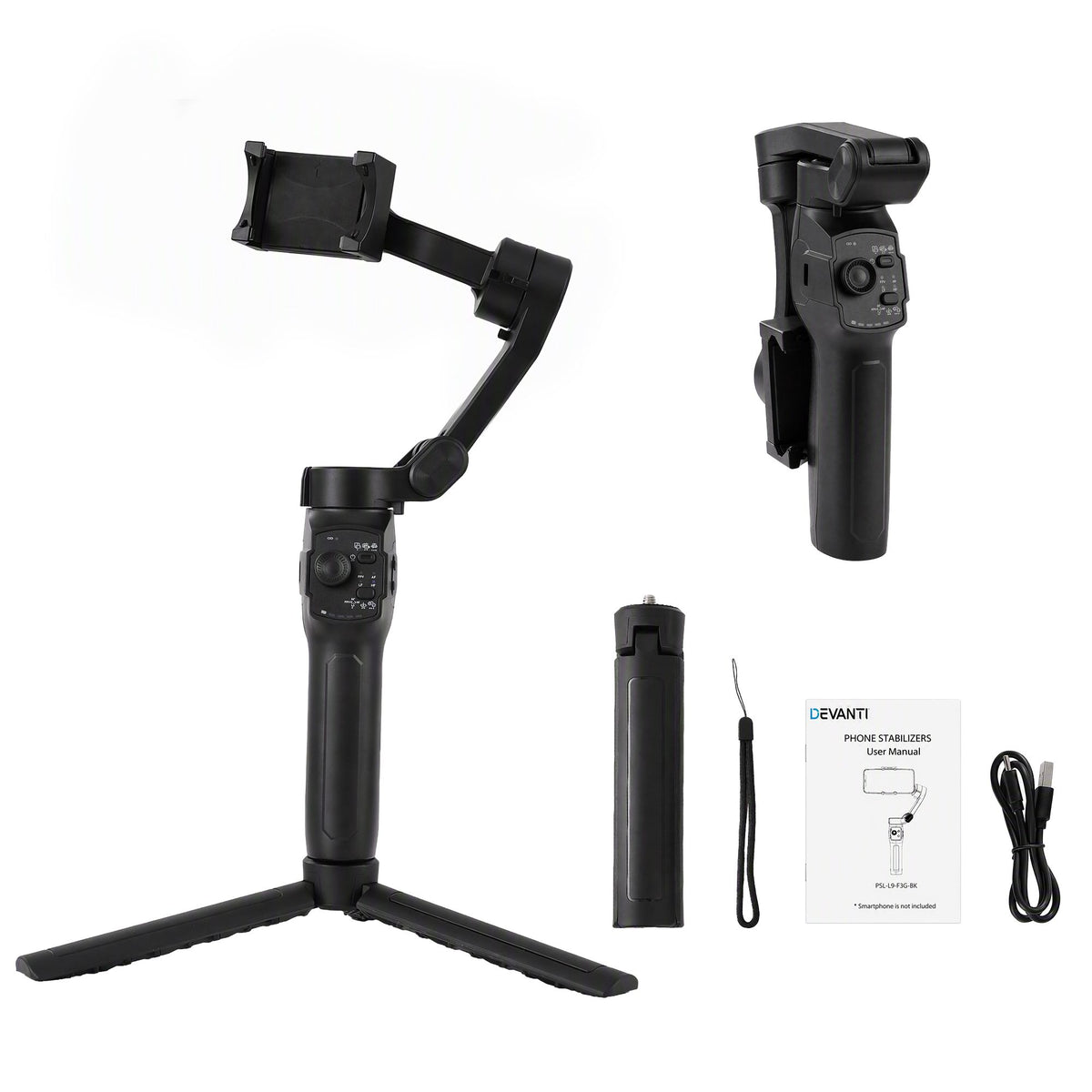 Devanti 3-Axis Gimbal Stabilizer with Tripod for Smartphone, Foldable Selfie Stick