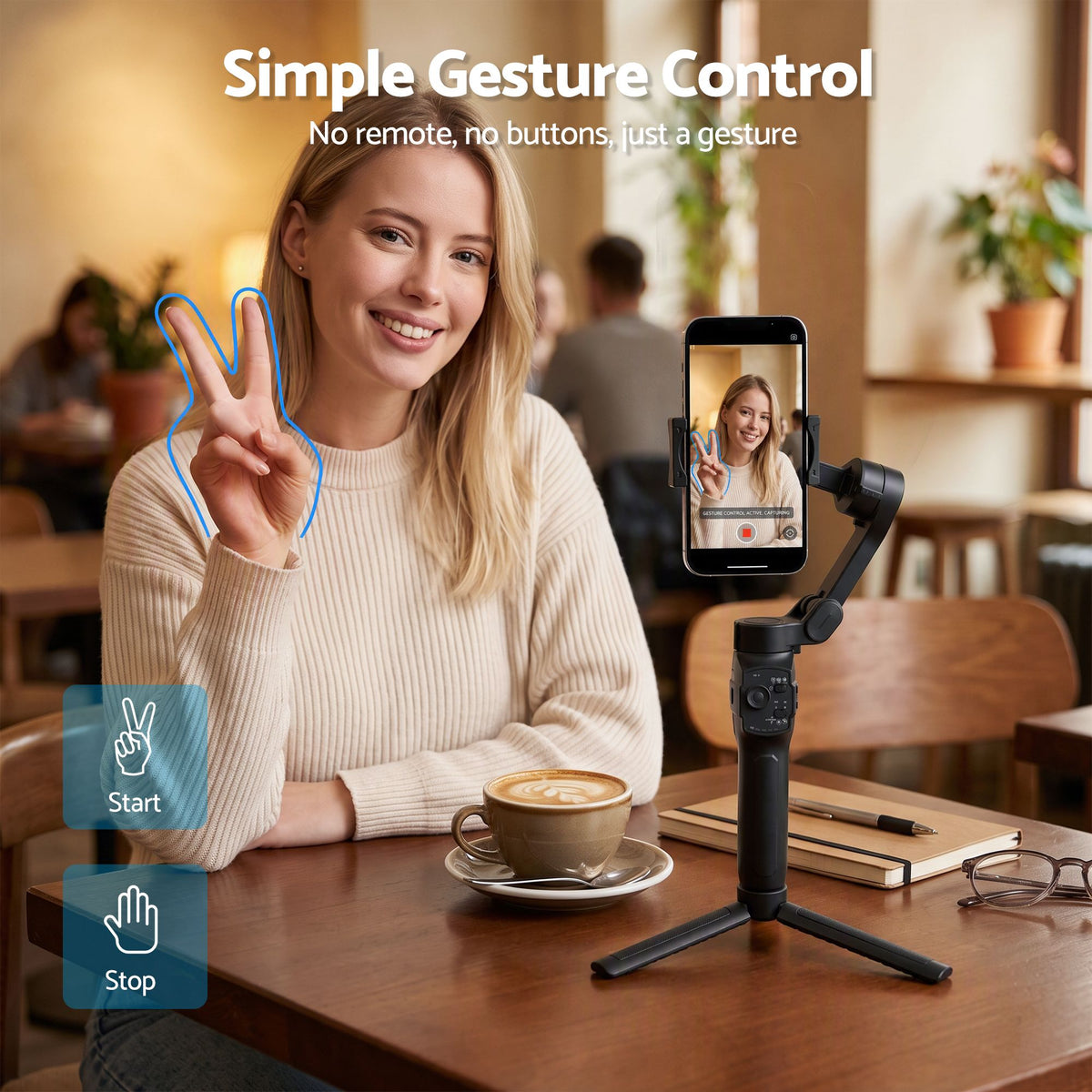 Devanti 3-Axis Gimbal Stabilizer with Tripod for Smartphone, Foldable Selfie Stick