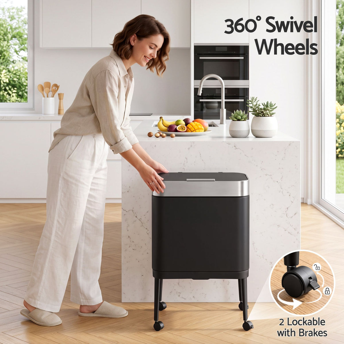 Cefito 40L Press Top Trash Can Kitchen Rubbish Bin Moblie Stainless Steel Black