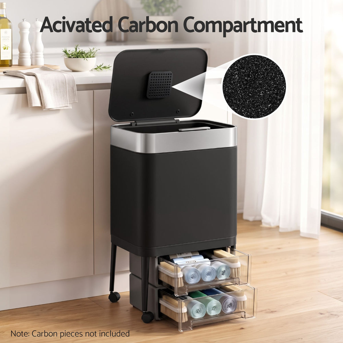 Cefito 40L Press Top Trash Can Kitchen Rubbish Bin Moblie Stainless Steel Black