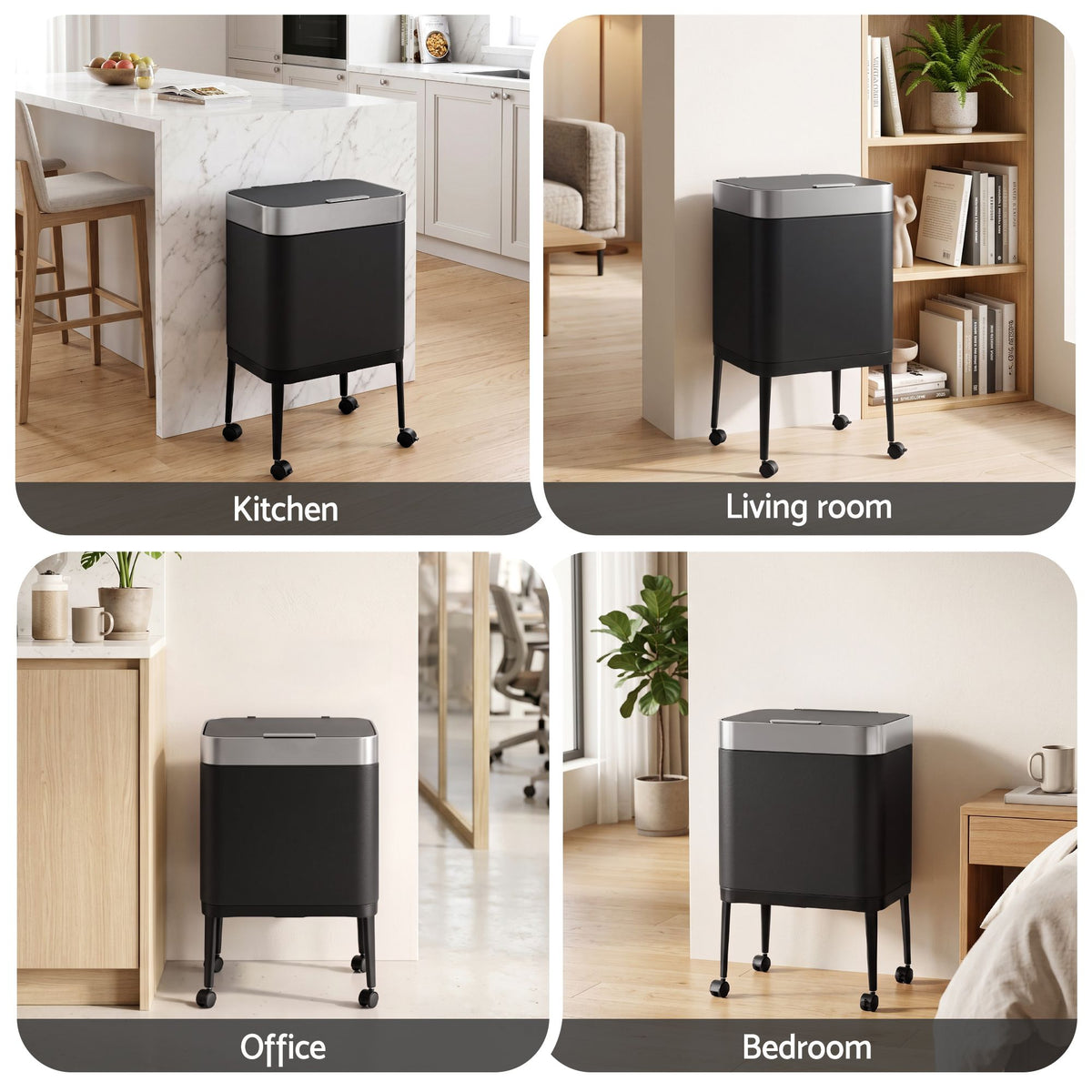 Cefito 40L Press Top Trash Can Kitchen Rubbish Bin Moblie Stainless Steel Black