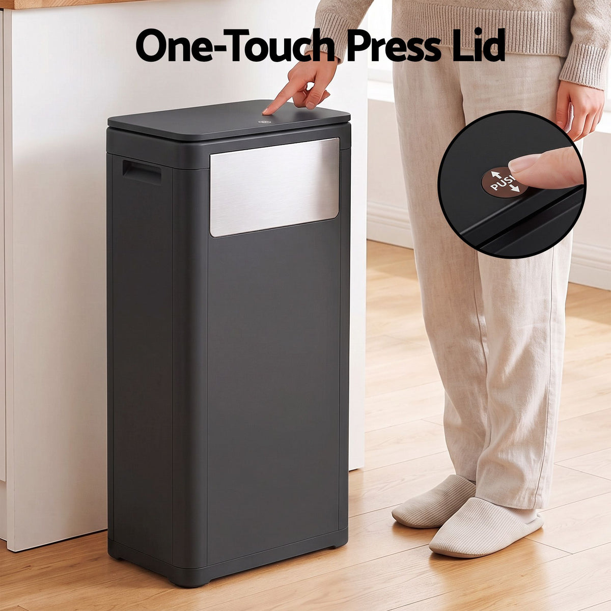 Cefito 30L Commercial Trash Can with Lid Front Push Flap Rubbish Bin Black