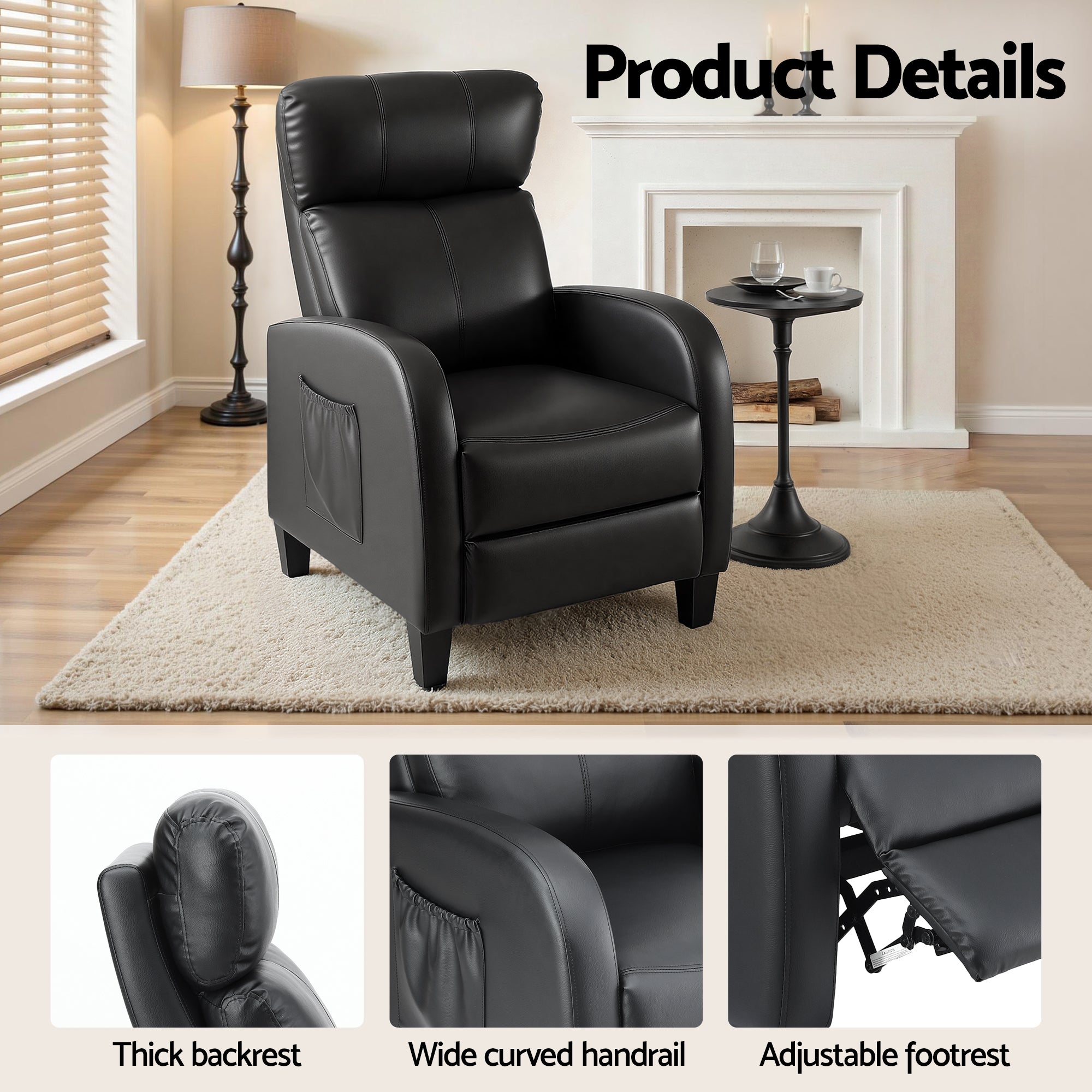 Artiss Massage Recliner Chair Small Recliner Sofa for Adults PU Leather Black