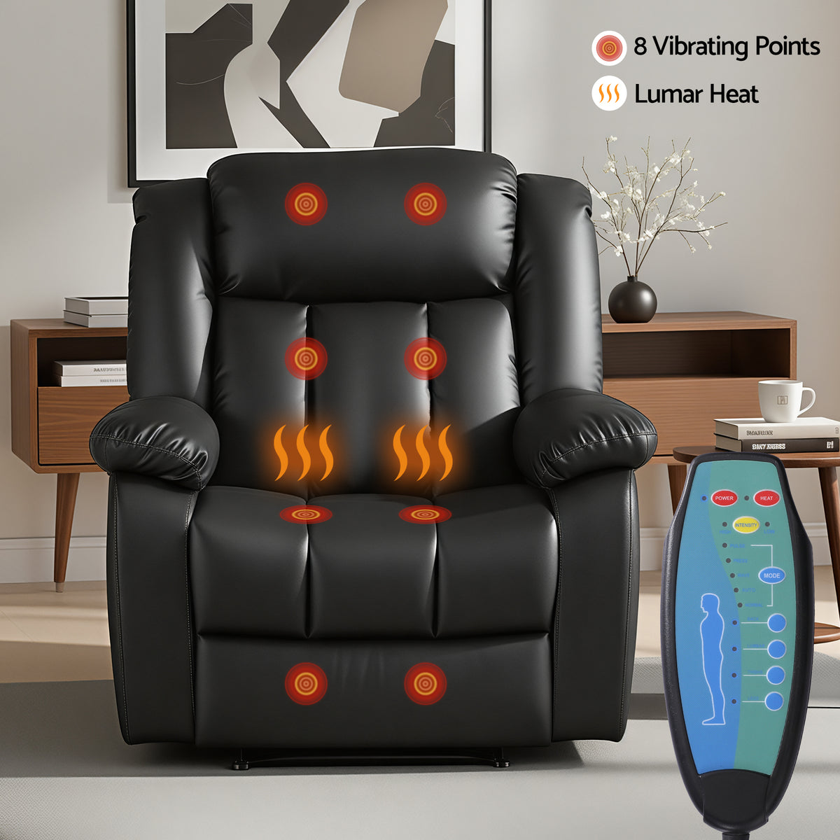 Artiss Manual Massage Recliner Chair for Living Room, Leather Sofa Lounge Reclining Chair with 2 USB Port, 160° Recline Reading Chair with 20CM Wide Armrests, 8 Point Vibration & Lumbar Heat, Black