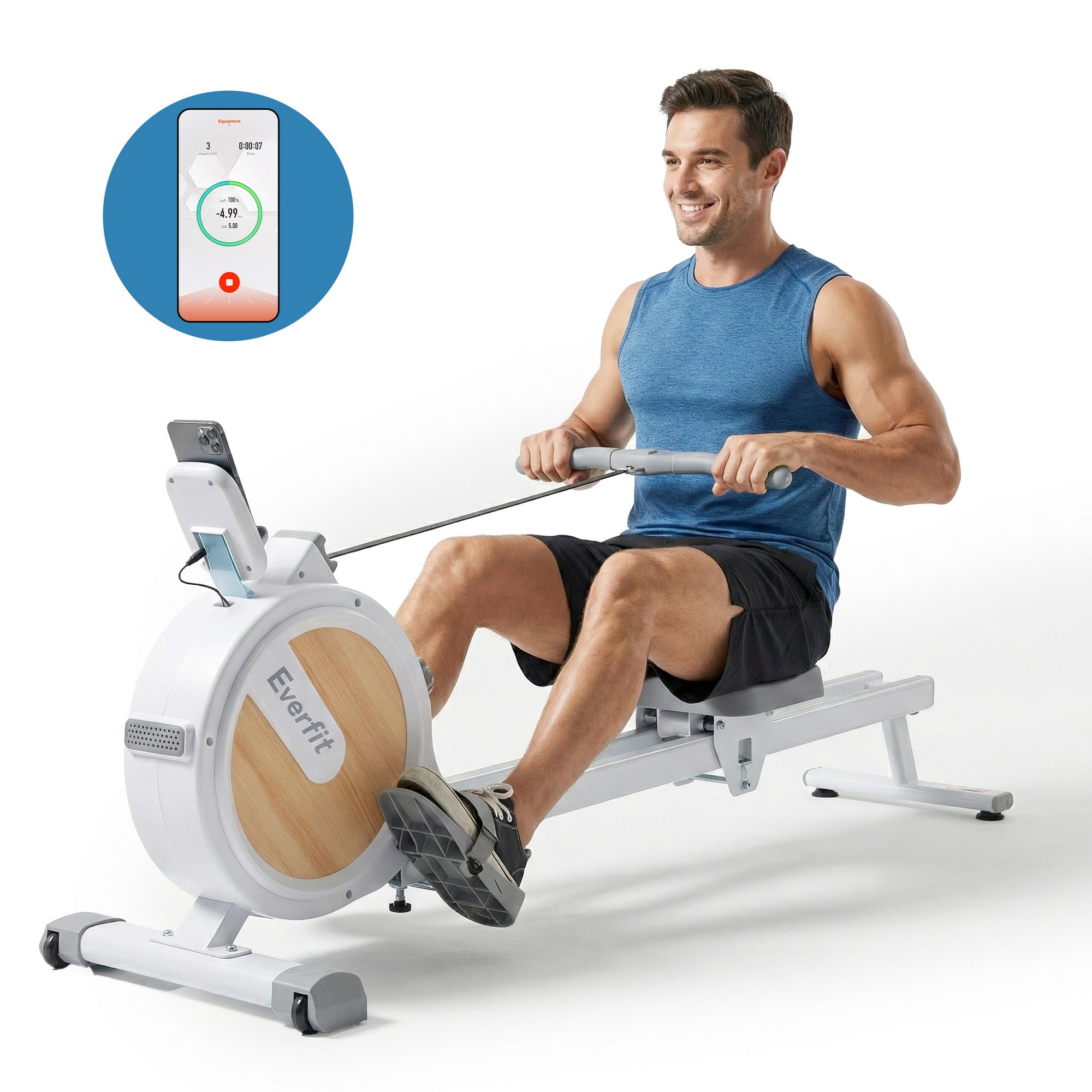 Everfit Rowing Machine for Home Magnetic Rowing Machine App Compatible Quiet Exercise Equipment White
