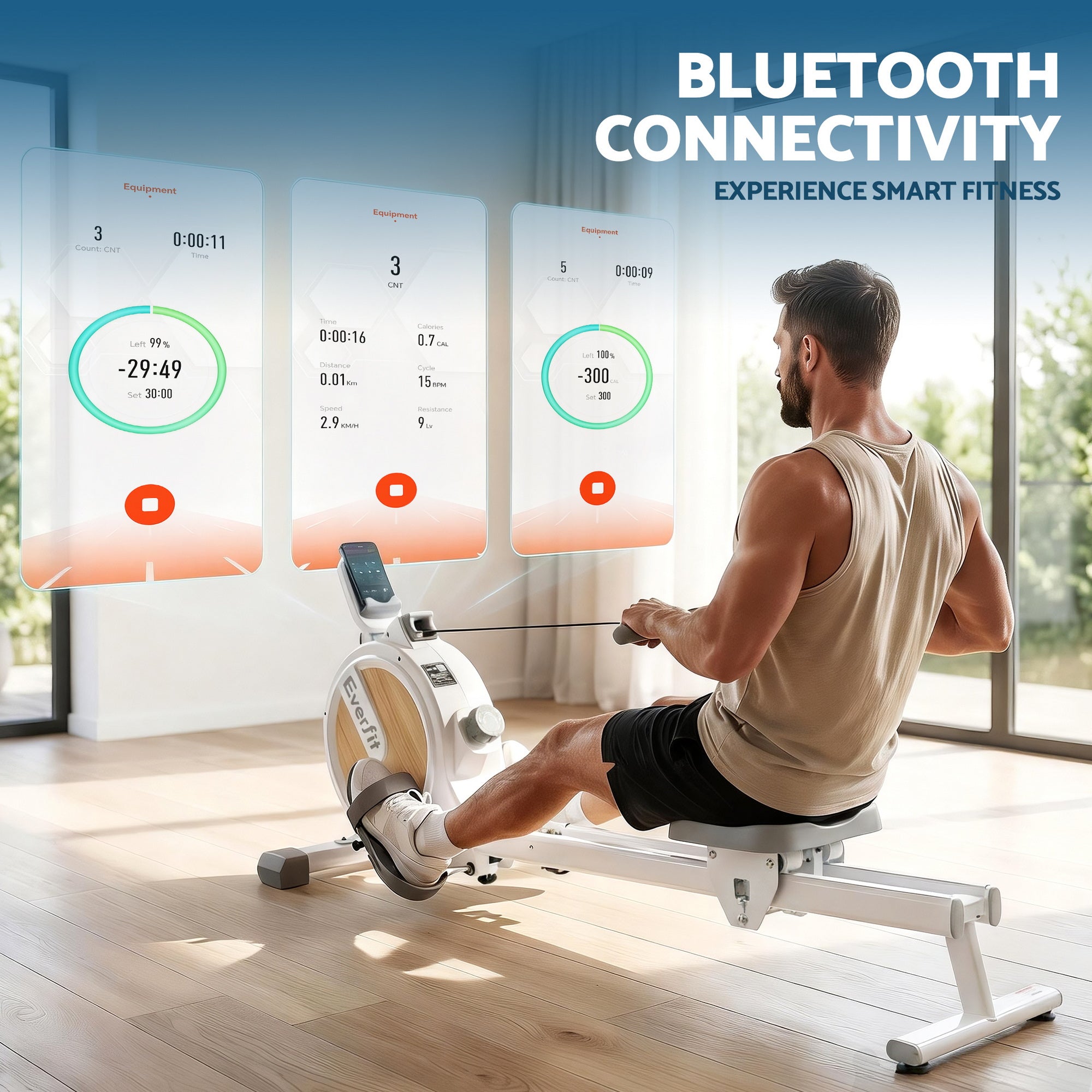 Everfit Rowing Machine for Home Magnetic Rowing Machine App Compatible Quiet Exercise Equipment White