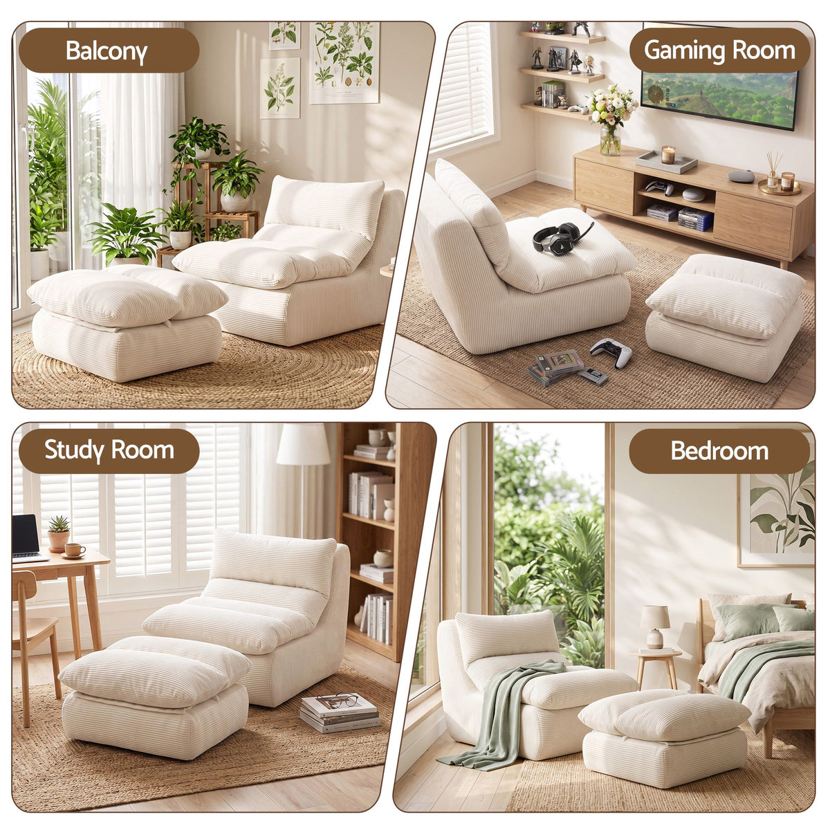 Artiss Lounge Chair Ottoman Single Sofa Couch Boneless Corduroy Chaise Footrest