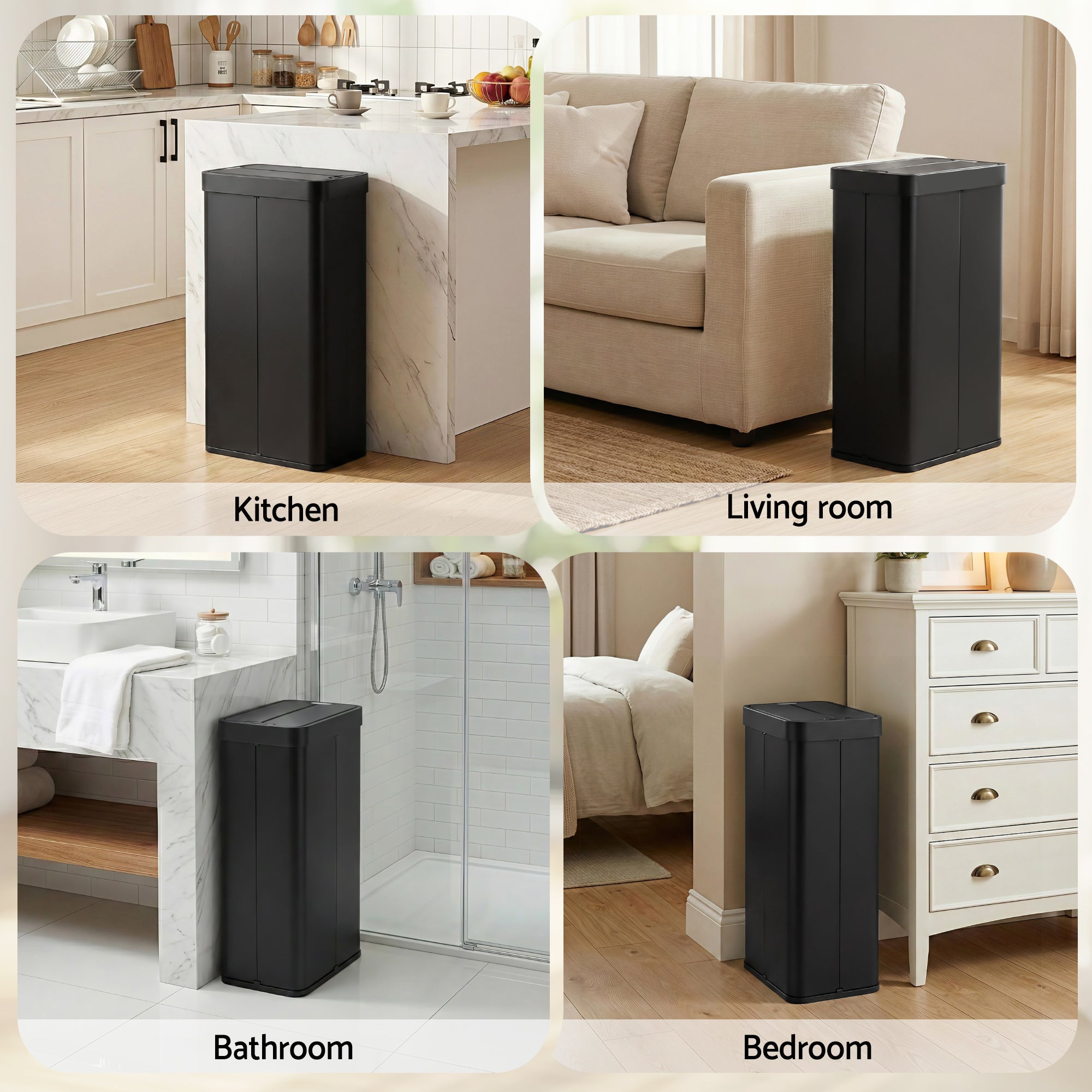 Devanti Rubbish Bin 70L Automatic Sensor Kitchen Bin, Slim Smart Garbage Can Touchless Rectangular with Liner Holder, Fully Closed Lid for Bedroom, Bathroom, Living Room, Black