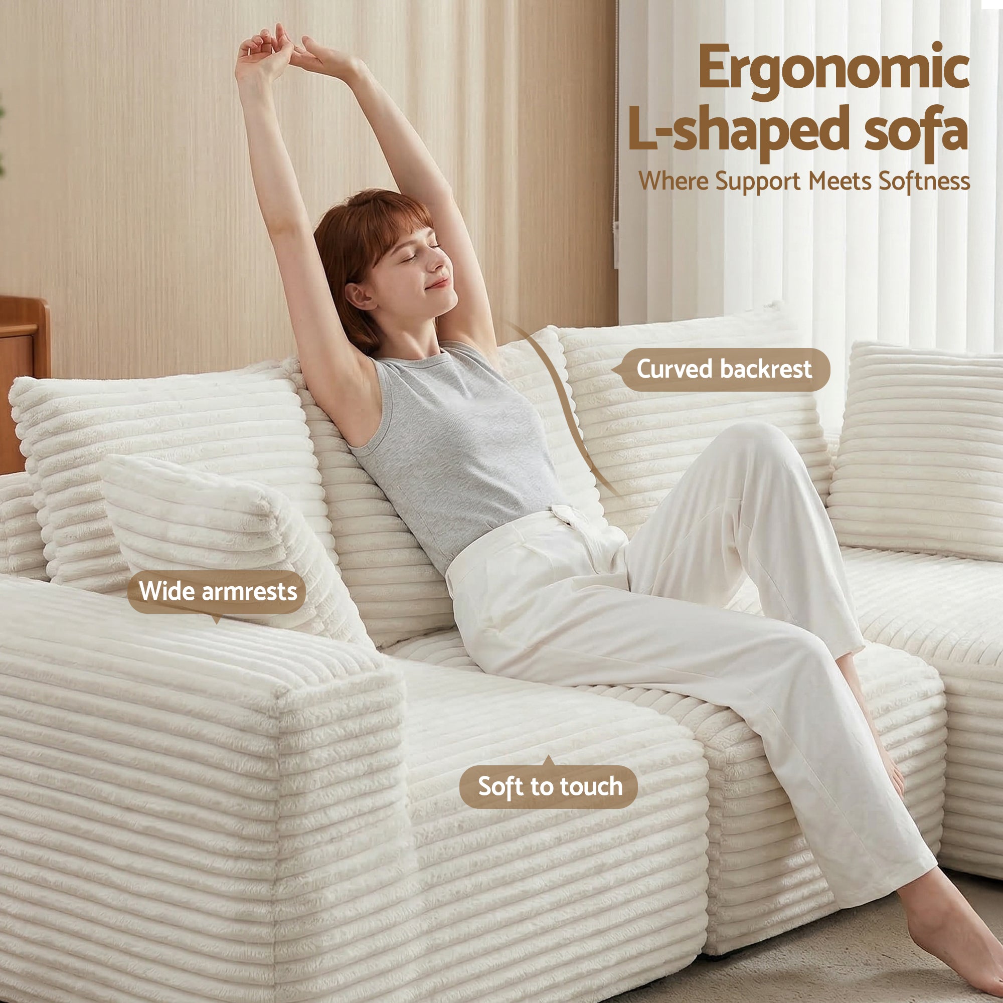 Artiss 3 Seater Modular Sofa Bed Sectional Boneless Couches for Living Room Corduroy Compressed Sofa White