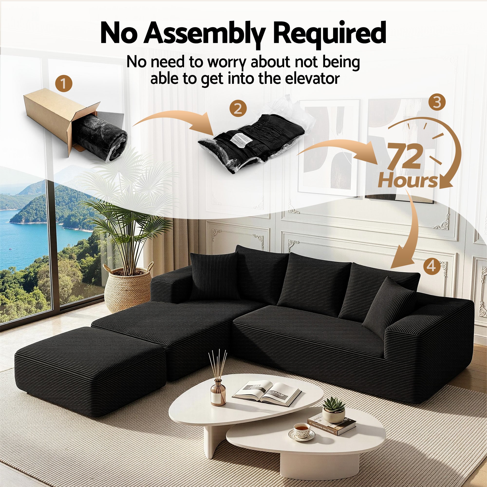 Artiss Modular Sofa Bed with Ottoman Sectional Boneless Couches for Living Room Corduroy Compressed Sofa Black