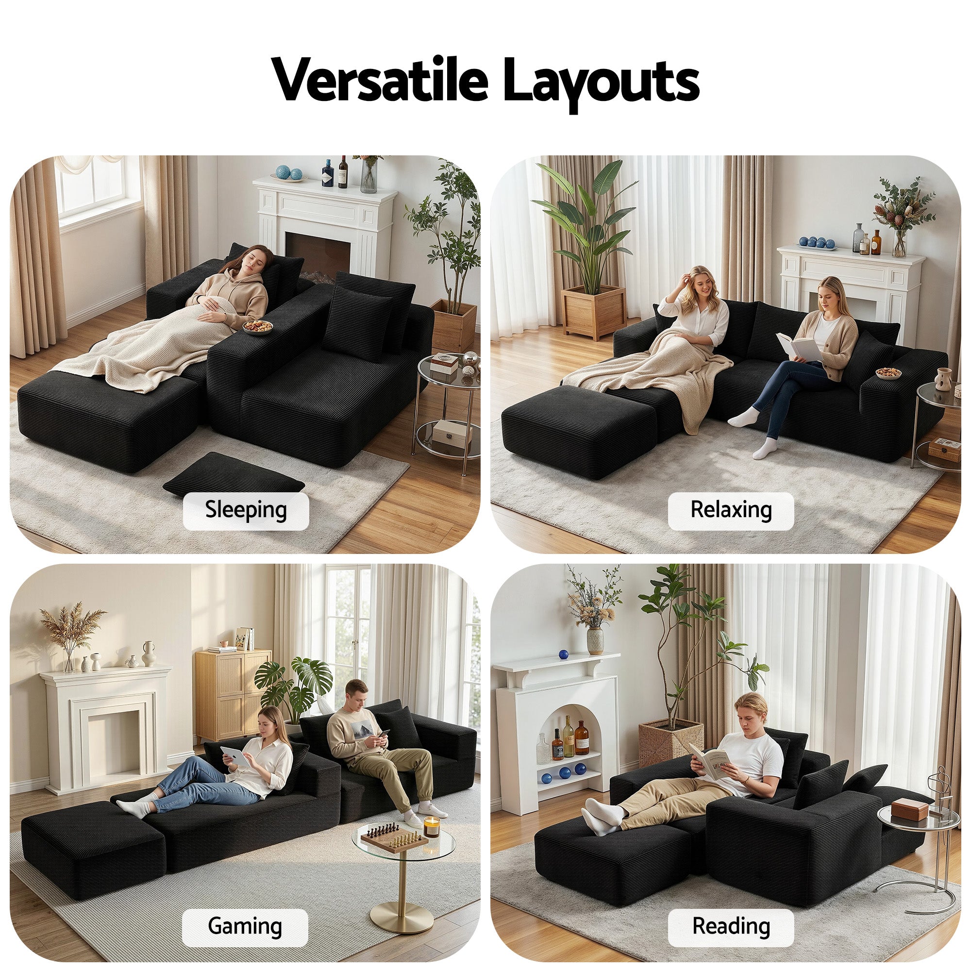 Artiss Modular Sofa Bed with Ottoman Sectional Boneless Couches for Living Room Corduroy Compressed Sofa Black