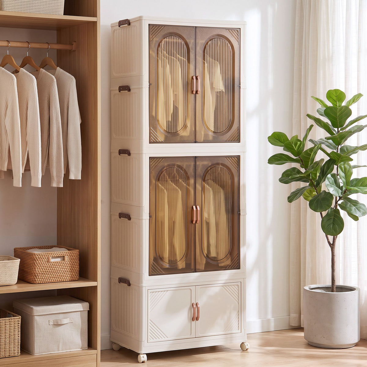Artiss Foldable Storage Cabinet Stackable Wardrobe Box Clear Magnetic Door White