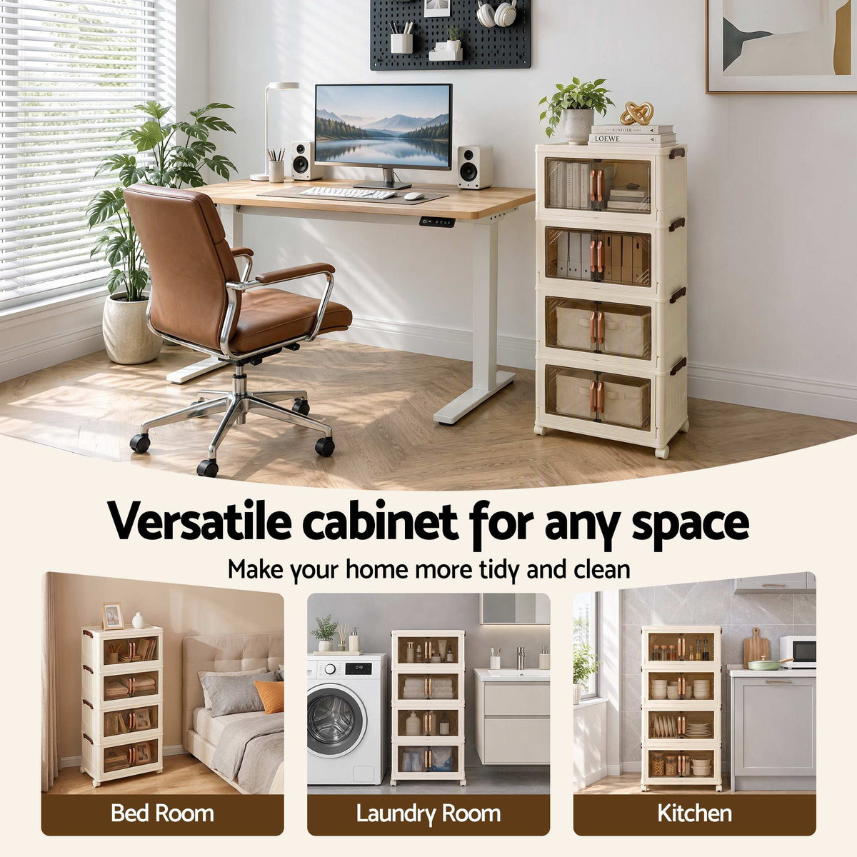 Artiss 4-Tier Foldable Storage Cabinet Stackable Box Clear Magnetic Door White