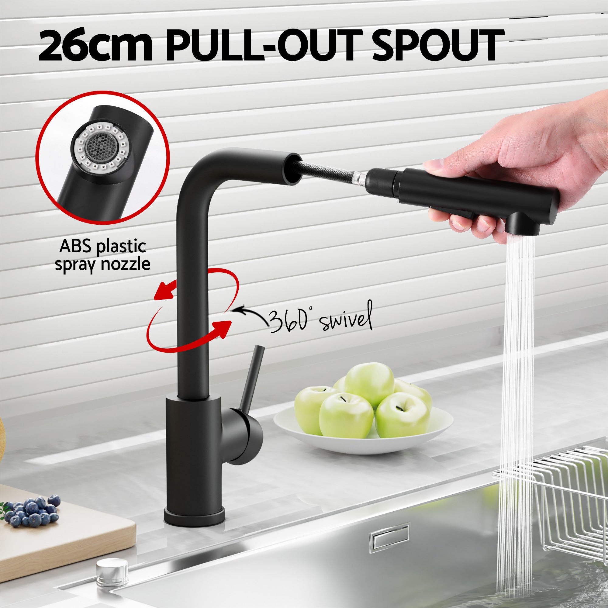 Cefito Stainless Steel Sink 44x44CM With Pull Out Mixer Tap Kitchen Basin Single Bowl Black