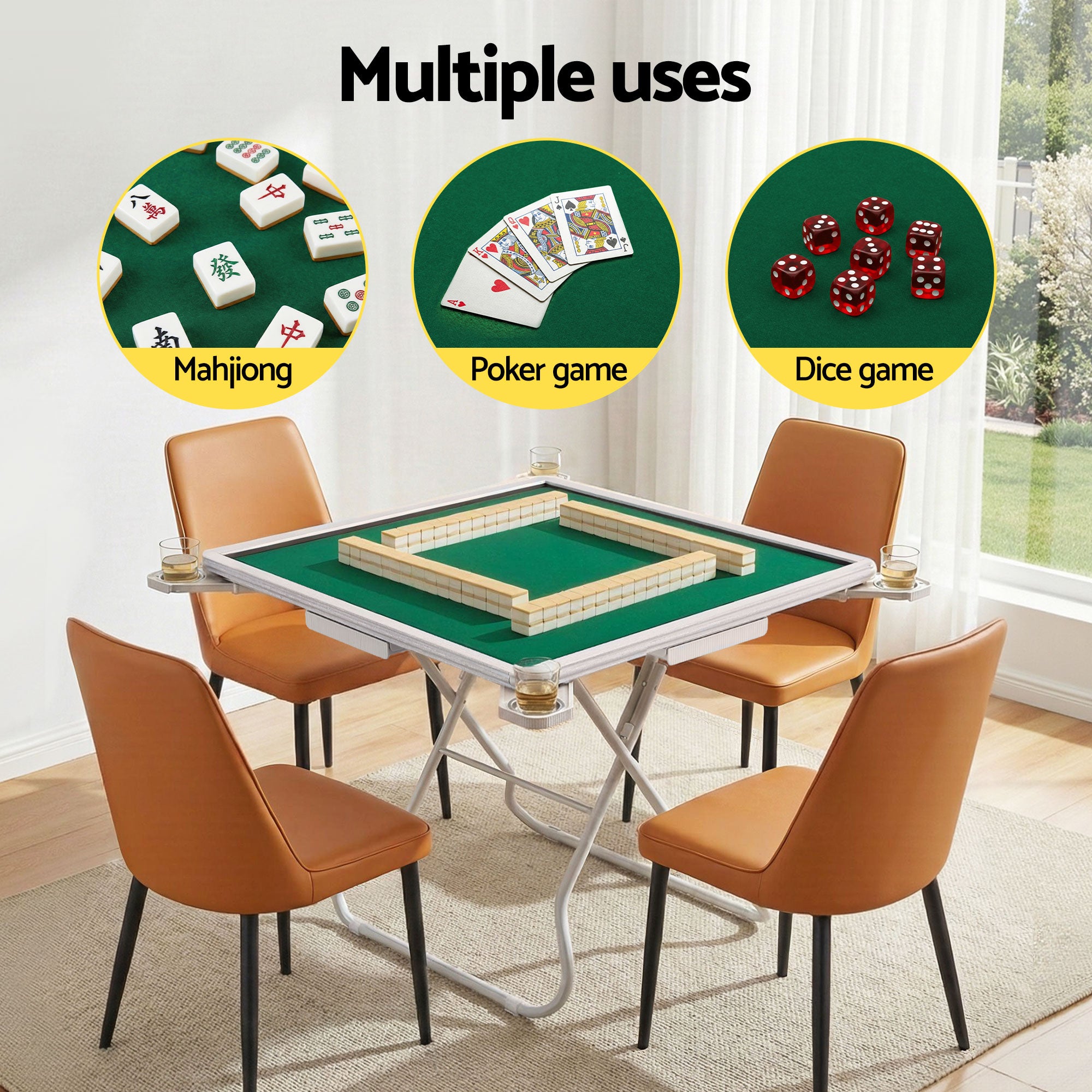 Folding Mahjong Table for Home with 4 Drawers and Cup Holders Green