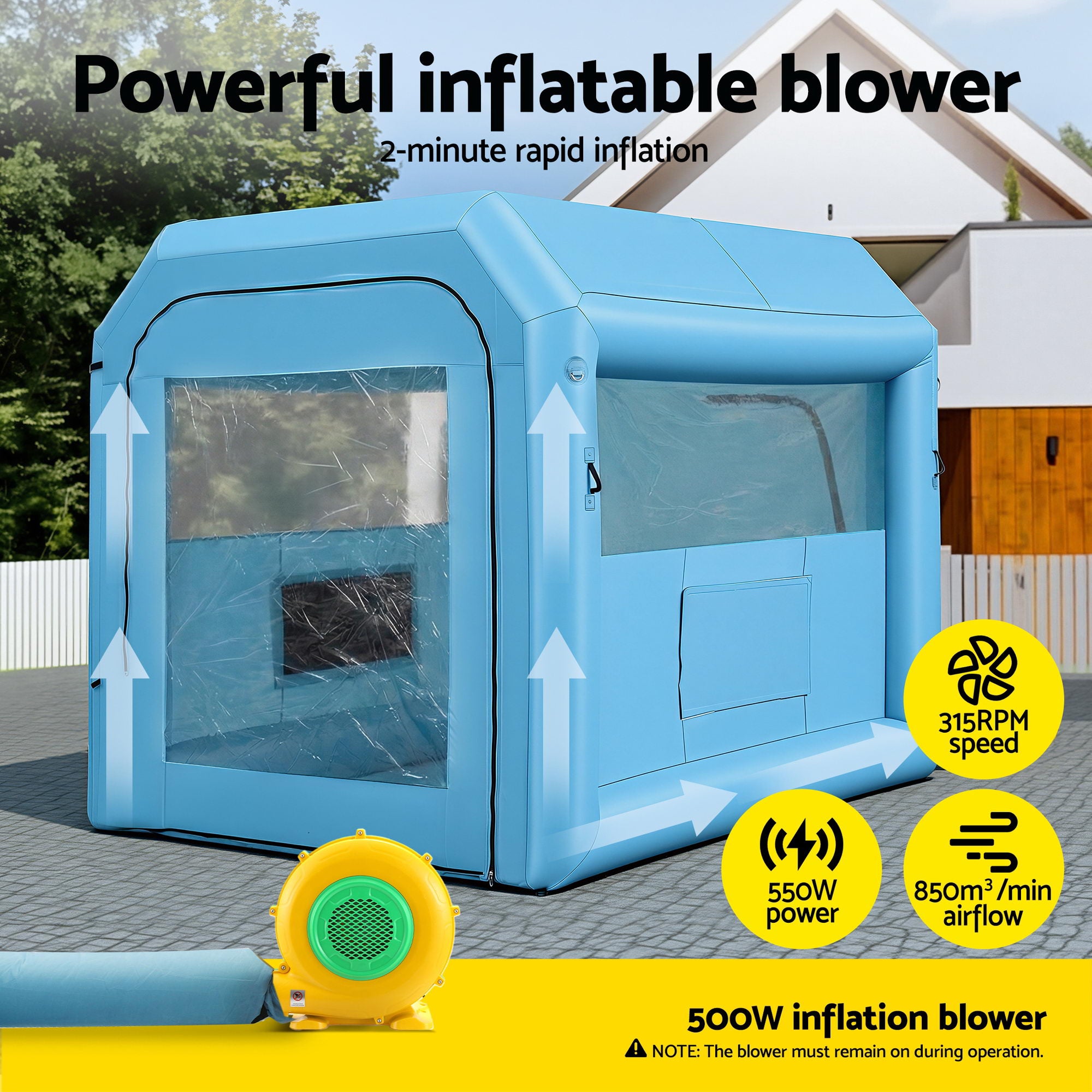 Giantz Inflatable Paint Booth 2.5X2.5X3M Inflatable Spray Booth with 550W Powerful Blower and Air Filter System, Round Roof with Light Hook, for Painting Bicycle, Motorcycle, Furniture Refinishing DIY