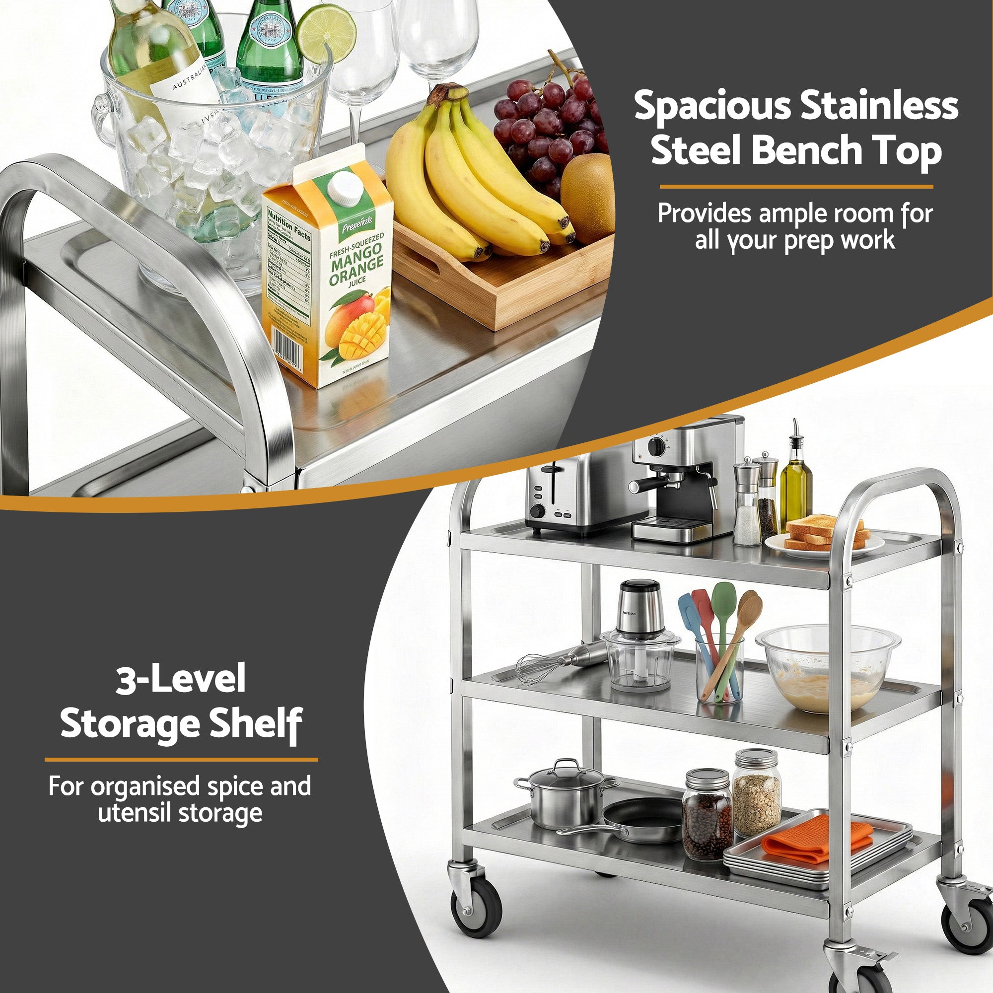 Cefito 3-Tier Stainless Steel Kitchen Trolley with Wheels 89X50X83cm