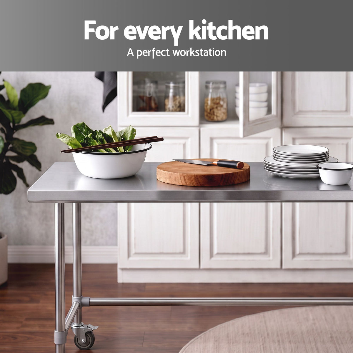 Cefito 1524x762mm Stainless Steel Kitchen Bench w/ Splashback Work Table Prep Bench Commercial 430