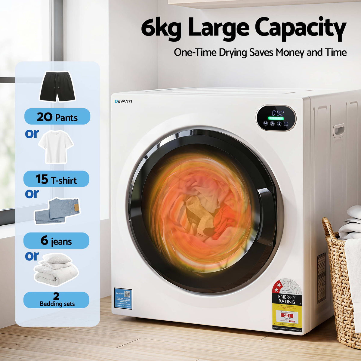 Devanti 6kg Tumble Dryer, Intelligent Touch Screen Clothes Dryer with 4 Drying Modes Stainless Steel Drum, 54x60x67.5cm