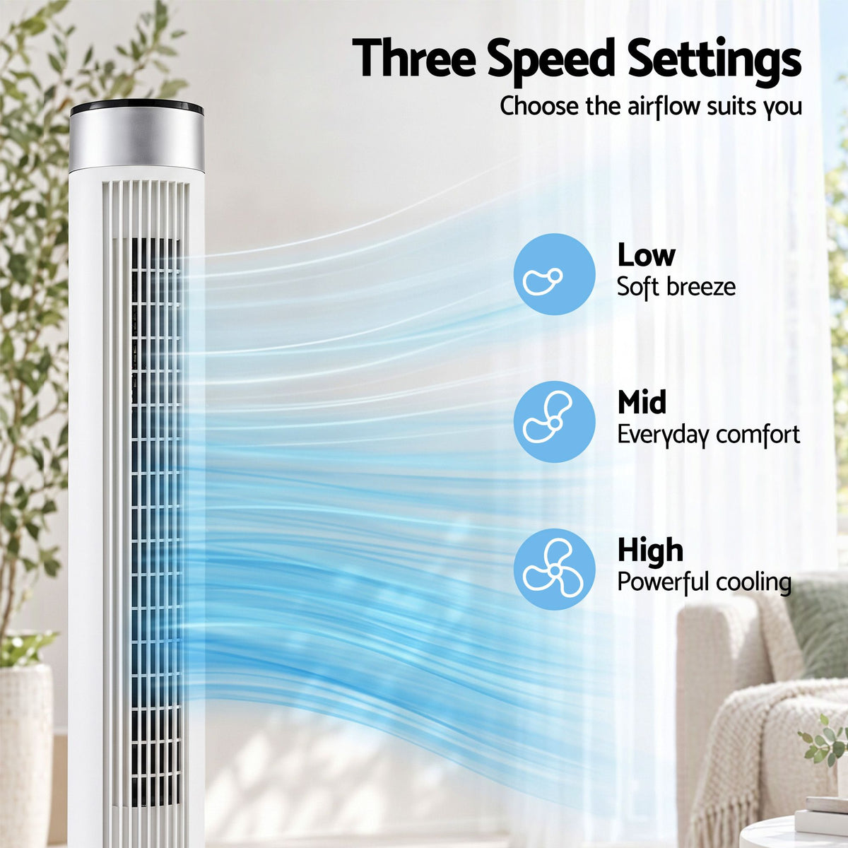 Devanti Tower Fan with Remote Control, 3 Speed 3 Mode 7.5h Timer, White