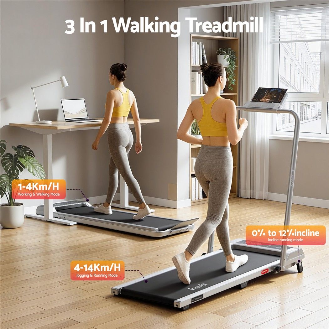 Everfit 3 in 1 Walking Pad Treadmill 12% Incline Foldable Under Desk Treadmills for Home Gym With 40cm Wide Belt Silver