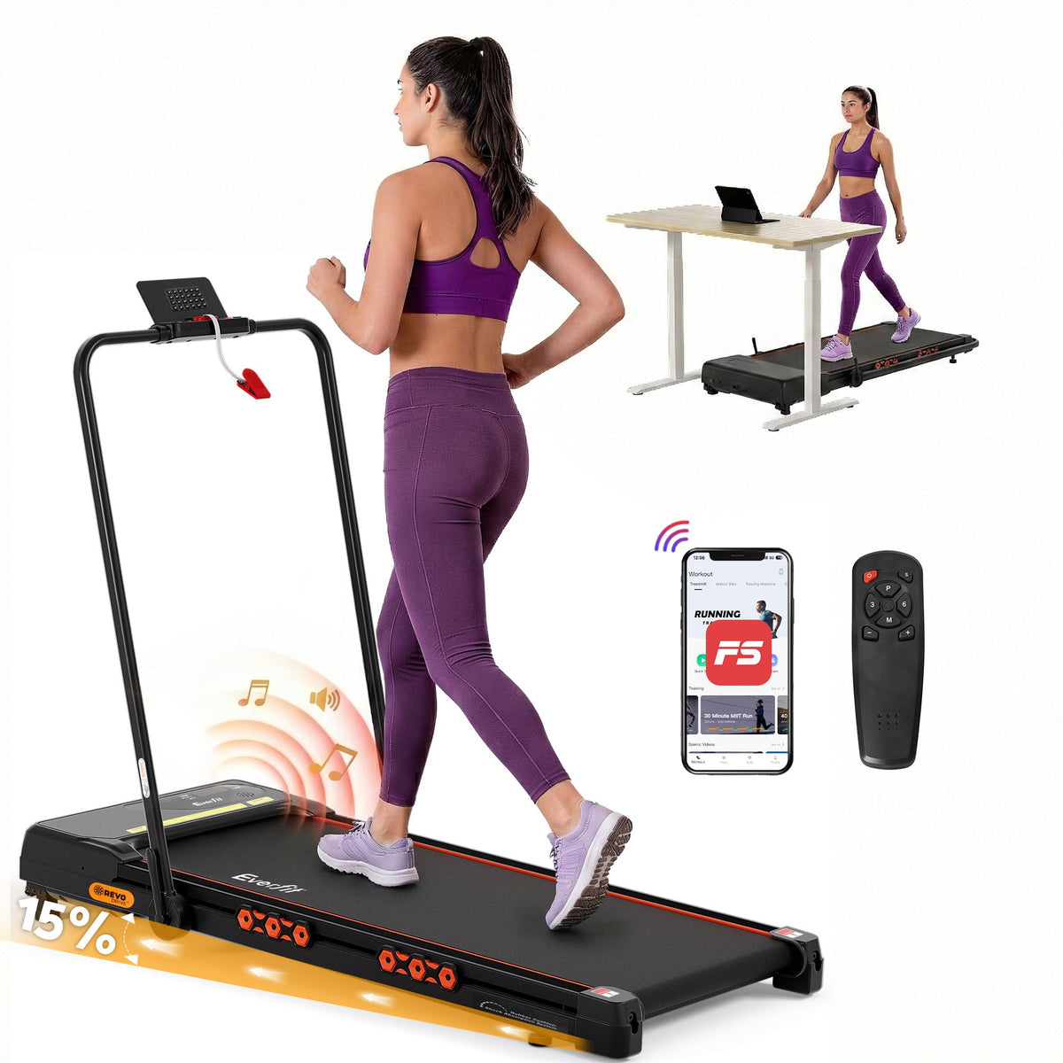 Everfit 3 in 1 Treadmill Electric Walking Pad Auto Incline Foldable for Home Gym Black
