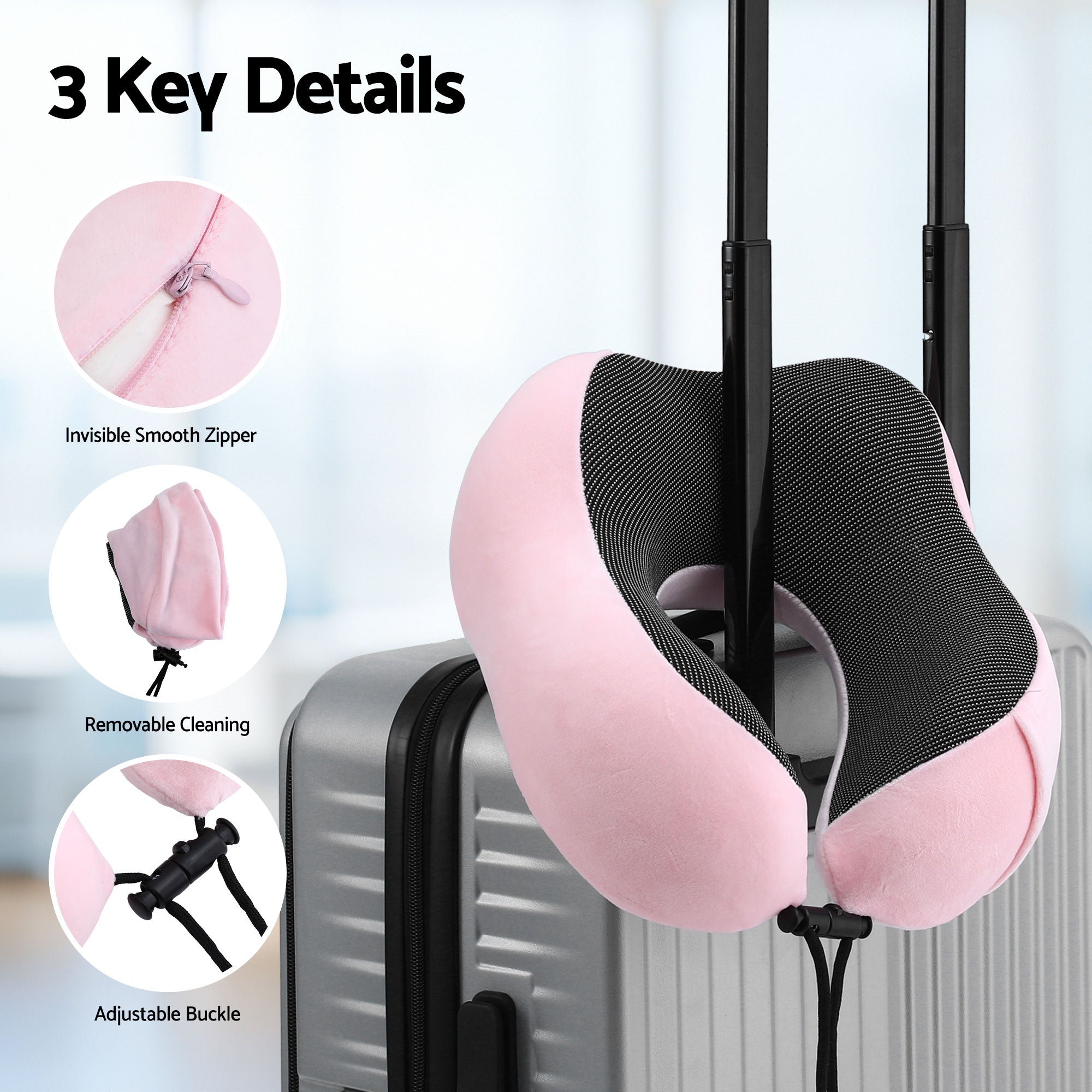Wanderlite Travel Pillow for Airplanes Memory Foam Neck Pillows for Traveling, Soft & Washable Cover with Storage Bag, Portable Plane Accessories for Airplanes Offices Cars, Pink
