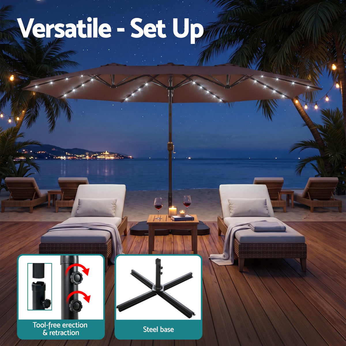 Instahut Outdoor Umbrella w/Base 4.57m Solar 48 LED Double-Sided Patio Parasol Brown
