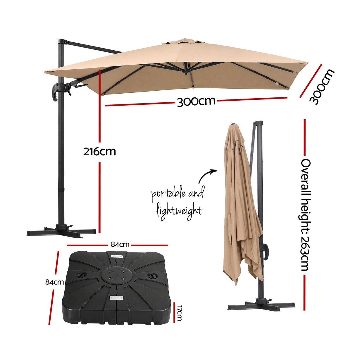 Instahut Outdoor Umbrella w/Base 3m Left-right Tilting Cantilever Patio Parasol Beige