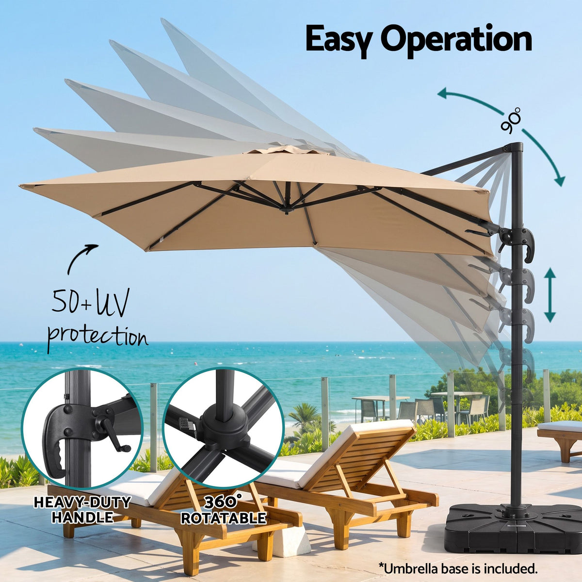 Instahut Outdoor Umbrella w/Base 3m Left-right Tilting Cantilever Patio Parasol Beige