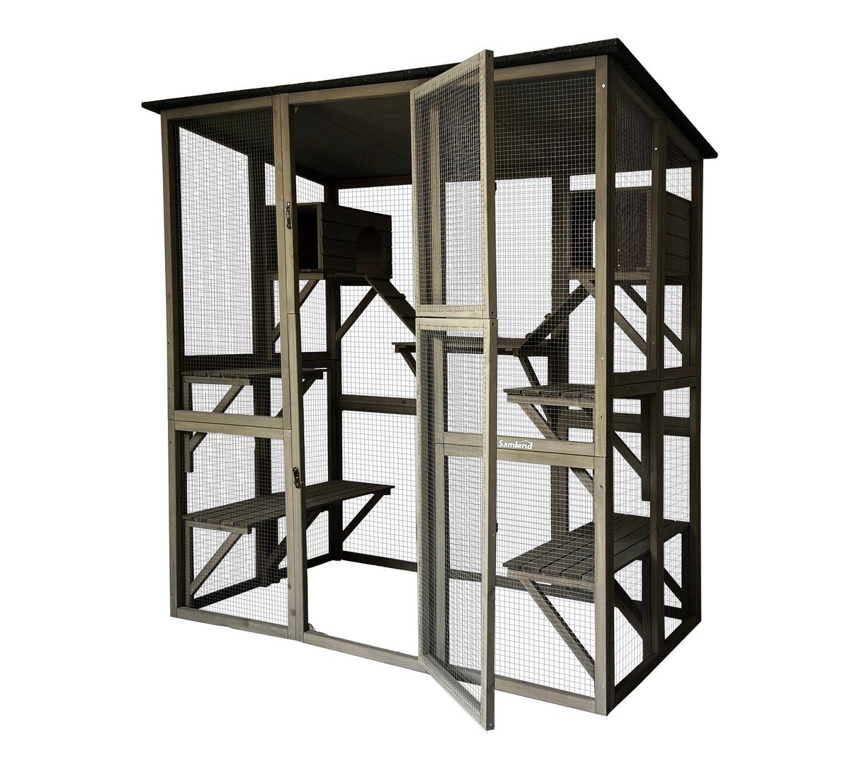 Samland Wooden Cat Cage Walk in Cat Condo House Kitten Ferret Enclosure Cage