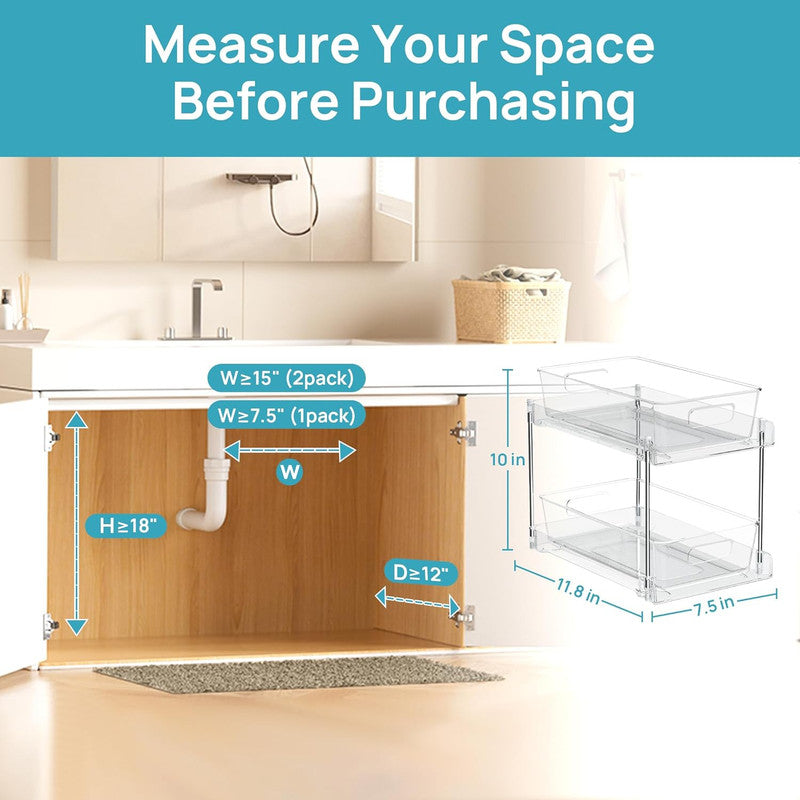 1 Pack Bathroom Organizer, 2 Tier Clear Under Sink Organizers Vanity Countertop Storage Container,Cabinet Drawers Bins, Pull-Out Organization with Track for Pantry, Kitchen