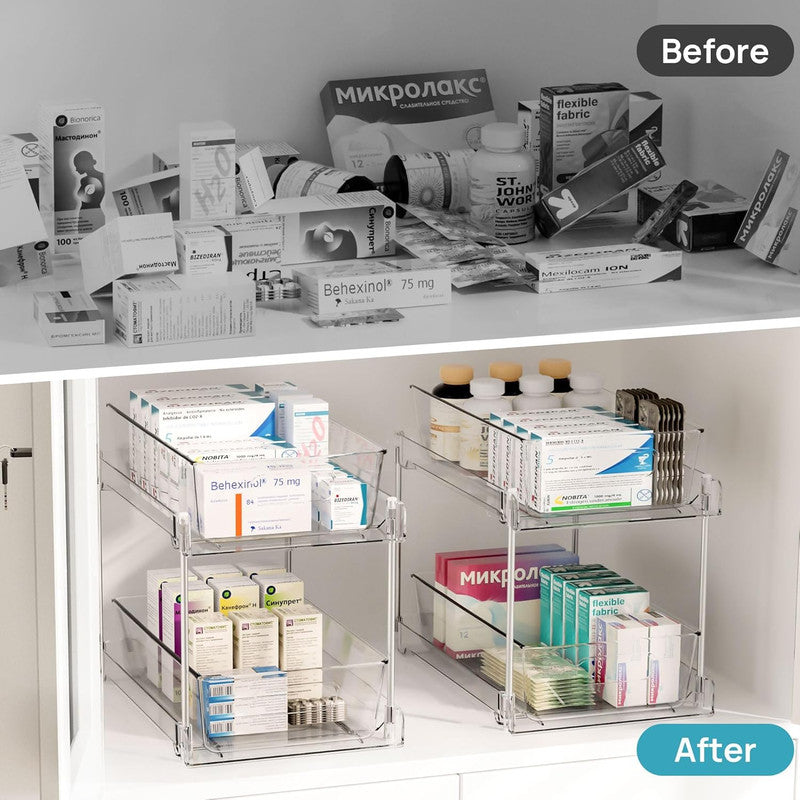1 Pack Bathroom Organizer, 2 Tier Clear Under Sink Organizers Vanity Countertop Storage Container,Cabinet Drawers Bins, Pull-Out Organization with Track for Pantry, Kitchen