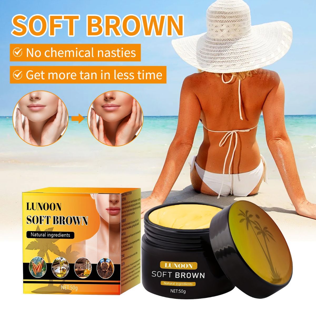 tanning cream, soft brown tan, natural ingredients, tanning bed cream, sun tan lotion, hydrating tan cream, healthy tan Australia, Australian tanning product - Yellow - Size 50ml-2pcs