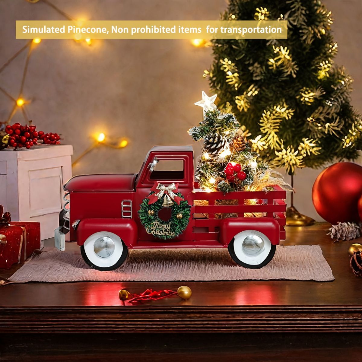 Christmas ornament, red truck ornament, LED lit Christmas tree, vintage Christmas decor, iron metal ornament, holiday decoration, Australian Christmas, tabletop decor - Red - Size L