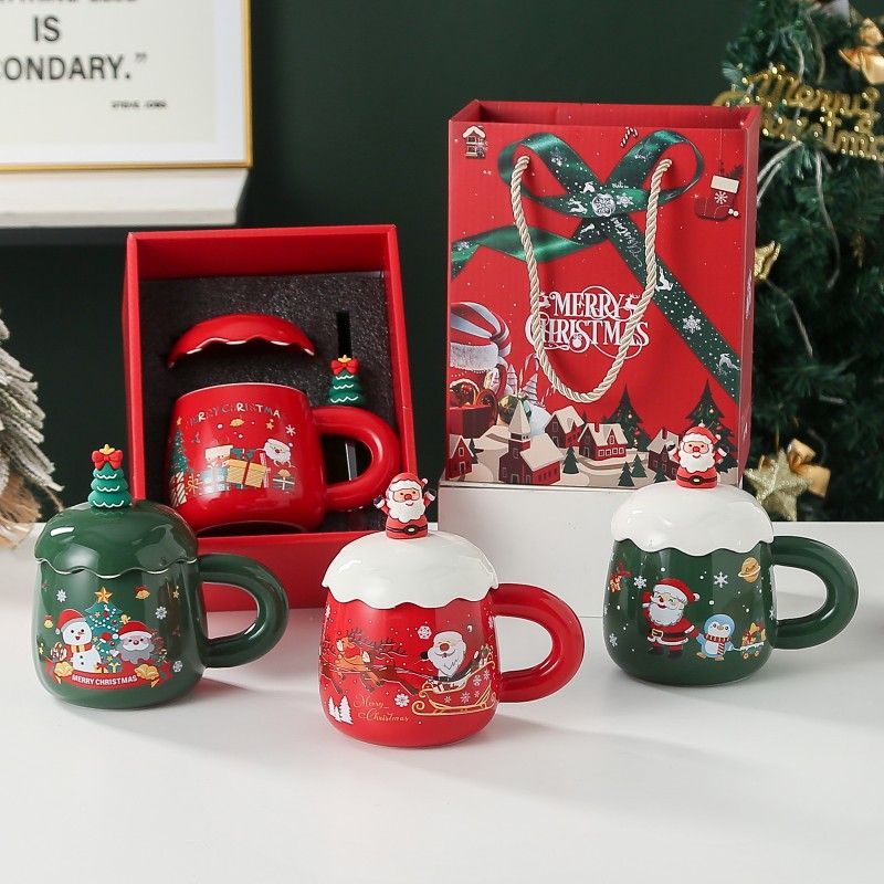 Christmas mug, ceramic mug, mug with lid and spoon, Santa Claus mug, festive decor, Christmas gift, Australian gift, holiday mug - Colors are random. - Size 风扇