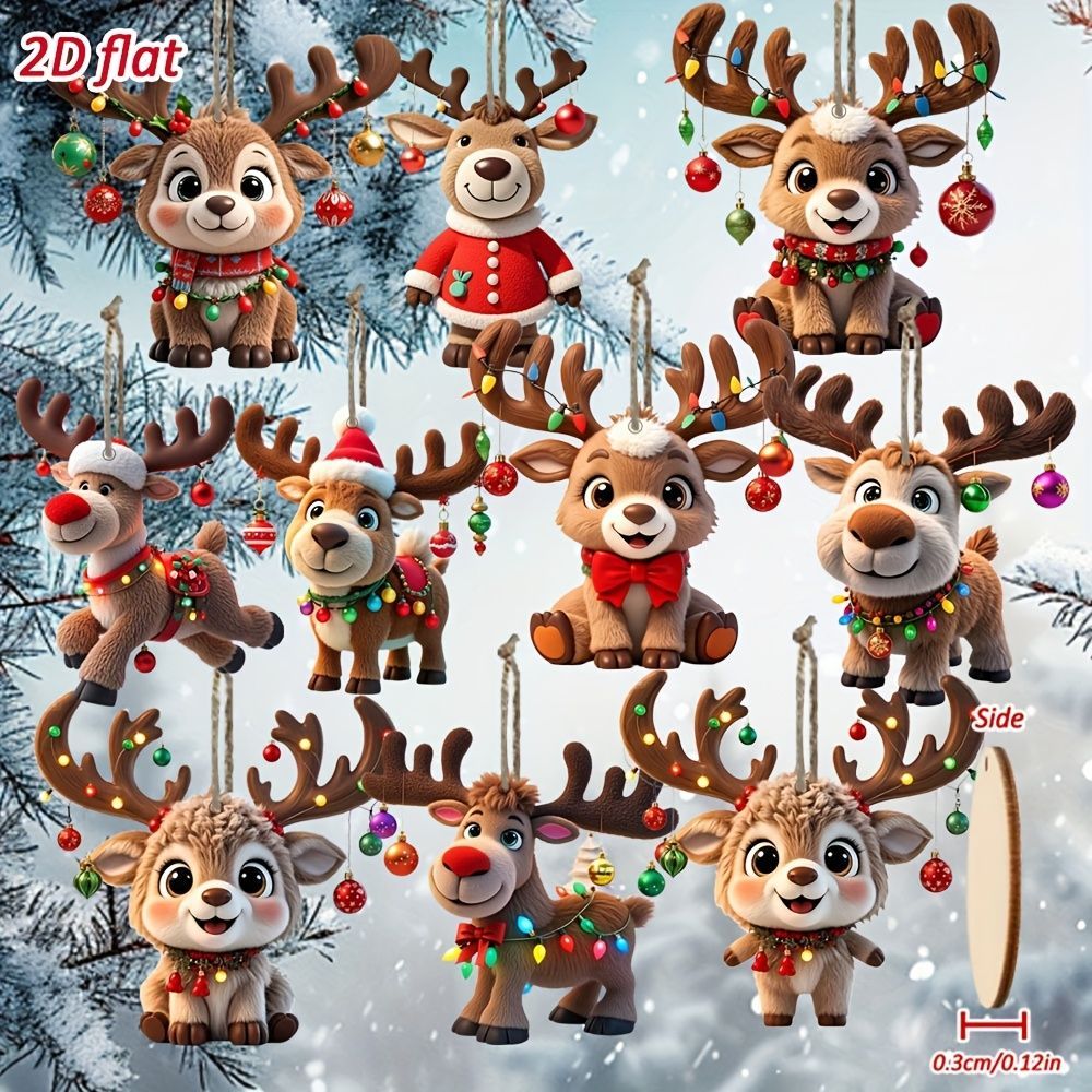 Christmas Reindeer Ornaments Wooden Hanging Decorations 2D Flat Reindeer - Multi-color - Size 01