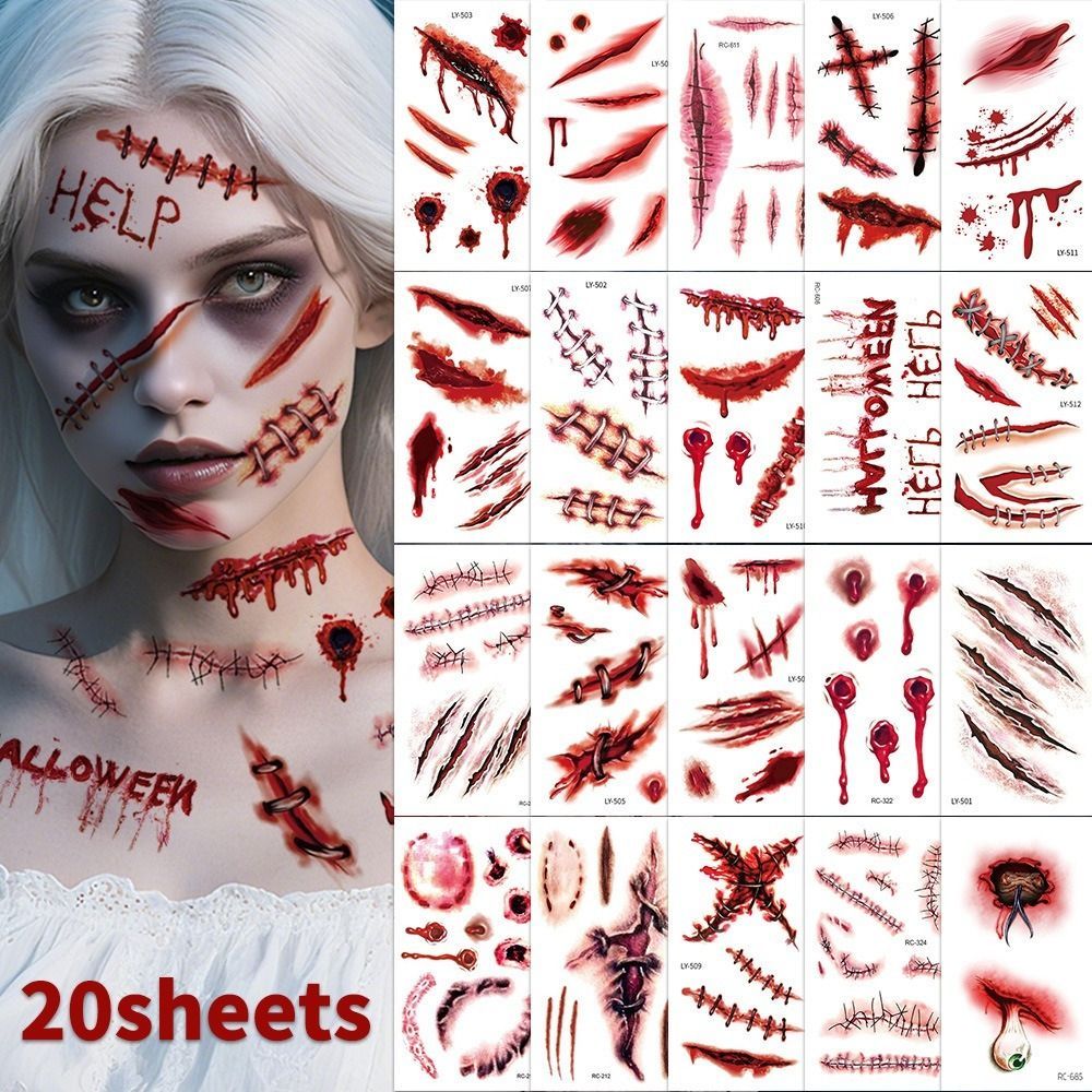 Halloween Tattoos 3D Temporary Tattoos Fake Wound Stickers Blood Wounds - Red - Size scarA-20pcs