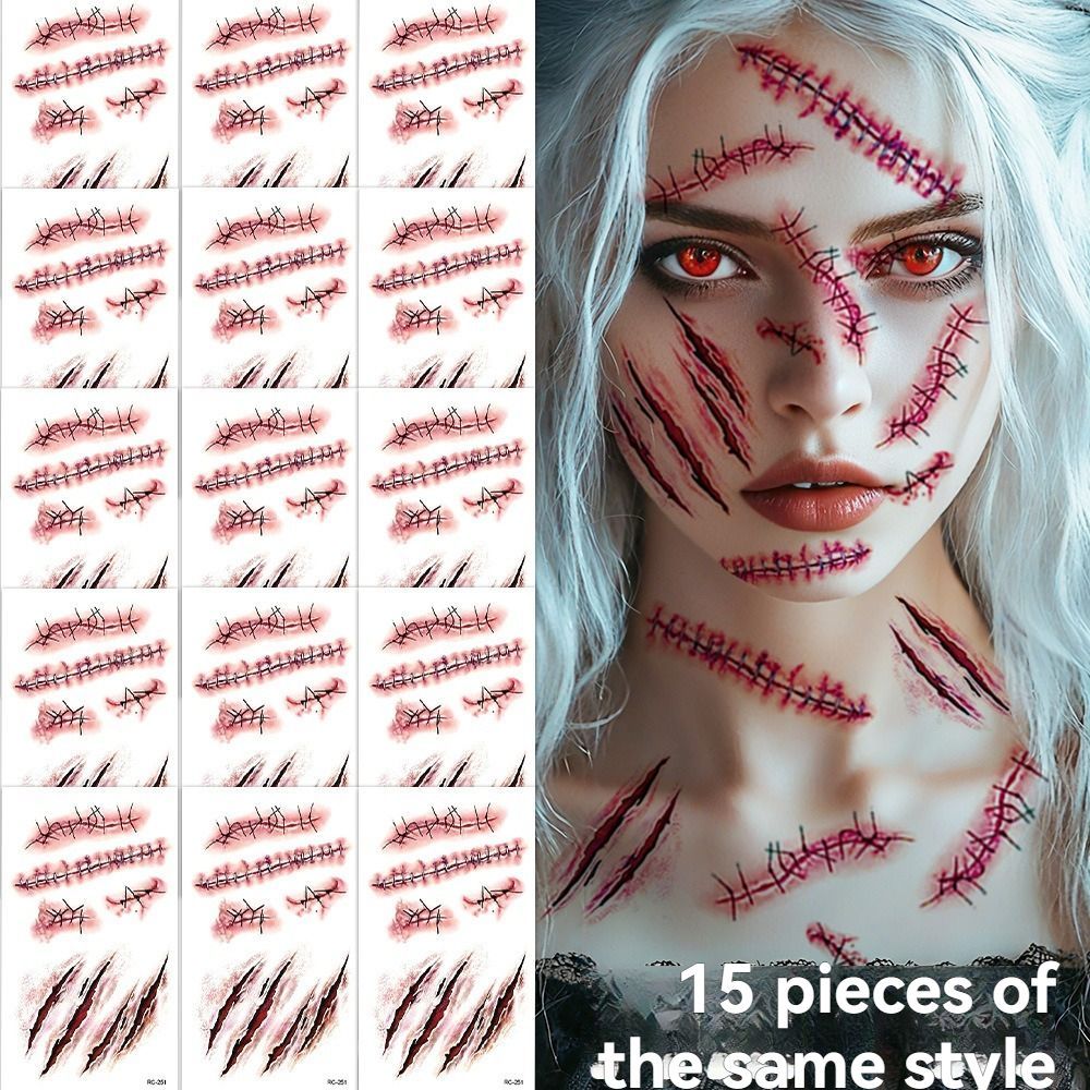 Halloween Tattoos 3D Temporary Tattoos Fake Wound Stickers Blood Wounds - Red - Size scarB-12pcs