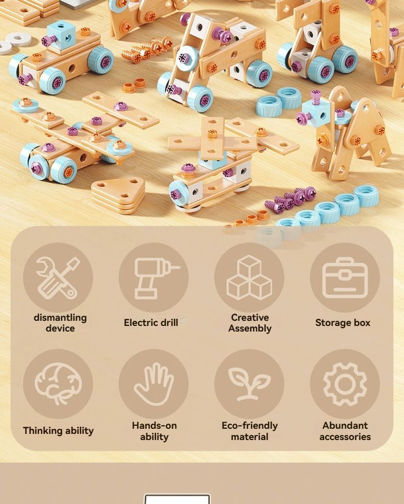DIY assembly toy, wooden building set, electric drill toy for kids, educational construction toy, creative puzzle set, children's tool kit, Australian toy, hand-eye coordination toy - Multi - Size 125pcs