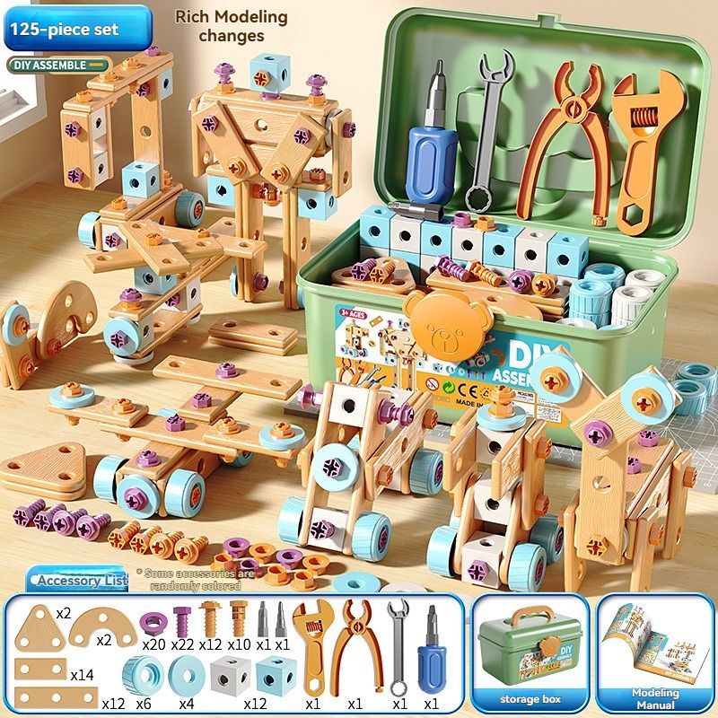 DIY assembly toy, wooden building set, electric drill toy for kids, educational construction toy, creative puzzle set, children's tool kit, Australian toy, hand-eye coordination toy - Multi - Size 126pcs