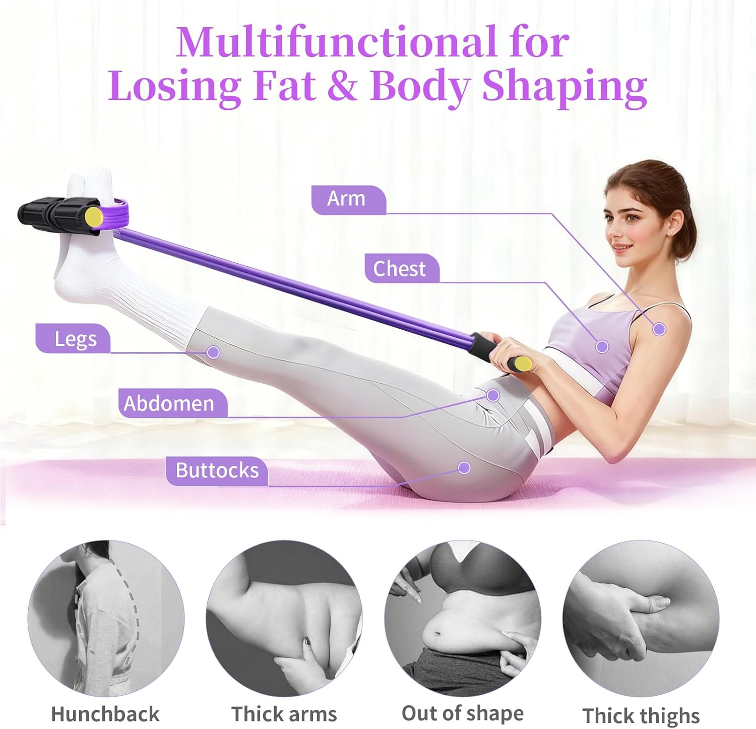 Pedal Resistance Bands with Handles, Upgrade 6-Tubes Manual Tension Training Pedal, Natural Rubber Foot Pedal Resistance Bands, Multifunction Fitness Bands for Abdomen, Waist, Arm, Leg（Purple）
