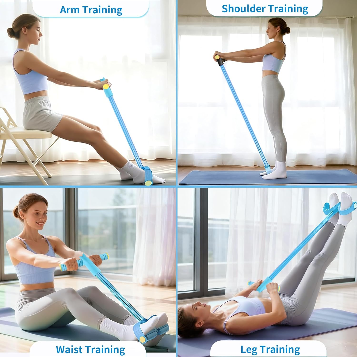 Pedal Resistance Bands with Handles, Upgrade 6-Tubes Manual Tension Training Pedal, Natural Rubber Foot Pedal Resistance Bands, Multifunction Fitness Bands for Abdomen, Waist, Arm, Leg（Blue）