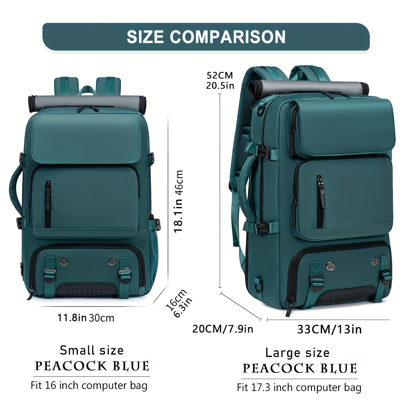 18.1-inch Easy-Travel Bag (46×30×16 cm): Four carrying modes in one bag, with independent shoe compartment and freely switchable hidden shoulder straps.(peacock blue）