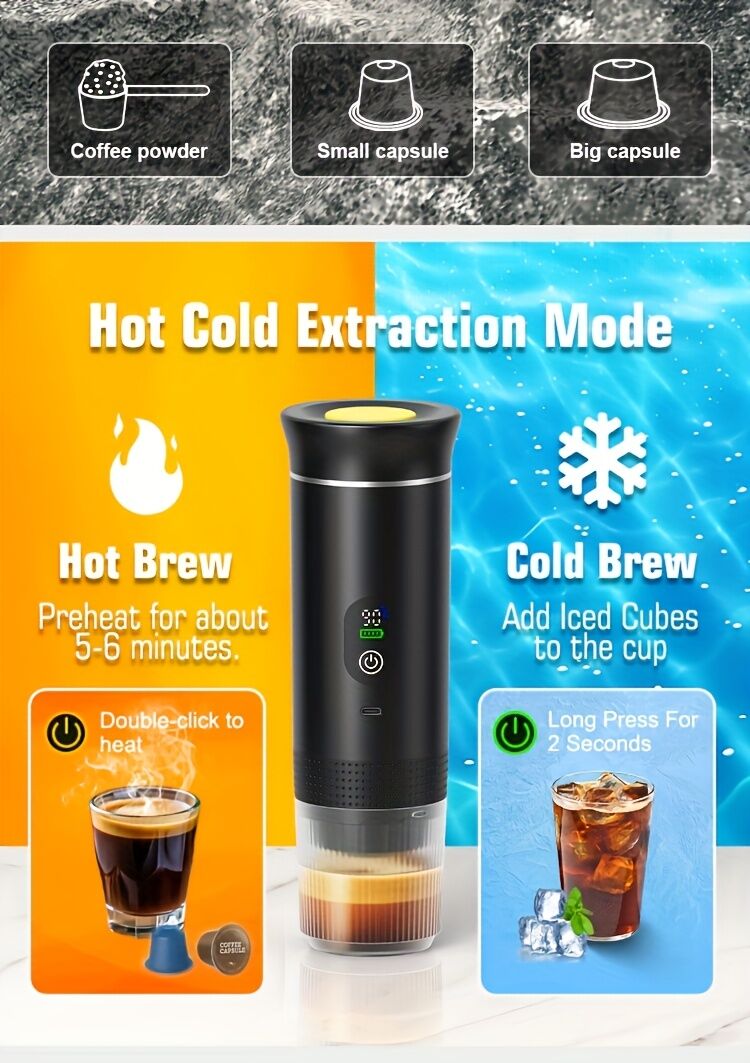 Upgraded Portable Coffee Maker with Temperature and Power Display, USB-C Charging, Self-Heating & Cold Brew Functions, Compatible with Coffee Capsules/Ground Coffee. Perfect Espresso Machine for Home, Office, Travel, RV, (white)